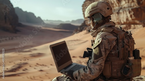 A fully equipped soldier wearing a tactical helmet and uniform working on a laptop in a desert landscape.