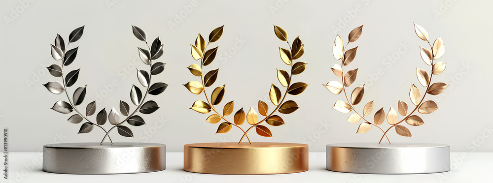 3 podium pedestal with golden laurel wreath on blank background. Award ...
