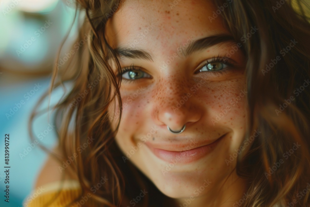 Close up of a woman with a nose piercing. Suitable for beauty or fashion concepts Close up of a woman with a nose piercing. Suitable for beauty or fashion concepts