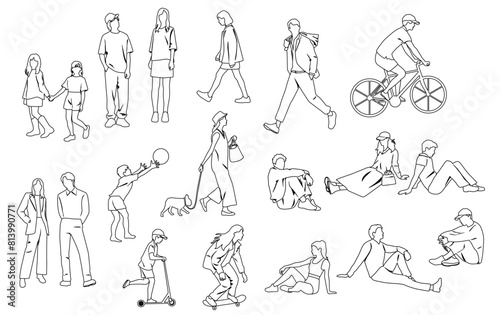 Silhouettes men, women, teenagers and children standing, walking, sitting, skateboarding, linear sketch,  black color, vector, group recreation people, students, flat design concept isolated on white