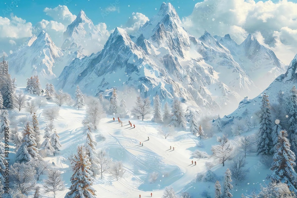 Winter Wonderland: Snow-Covered Mountains and Frozen Forest