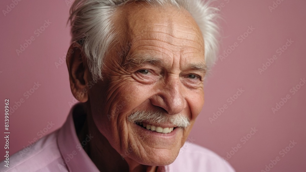Gray-haired elderly man in stylish club clothes on a pink background. Gray-haired elderly man in stylish club clothes on a pink background.