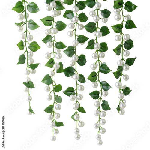 Artificial hanging plant with white berries and green leaves.