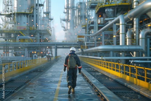 A man in a hardhat walking across a bridge. Ideal for construction or engineering concepts