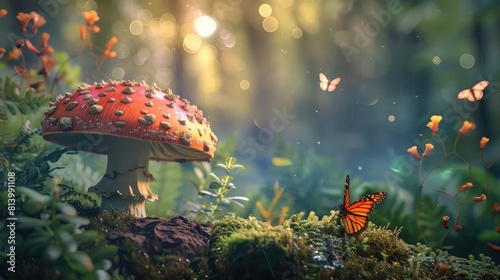 A forest scene with a mushroom, a butterfly photo