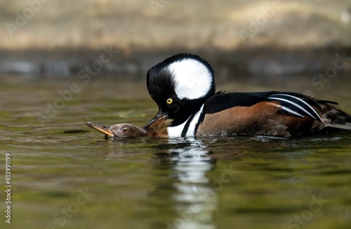 Hooded mergansers mating with the female mostly submerged in the water, and the male holding a tuft of feathers on her hair