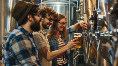 Young adults enjoying beer sampling in a brewery with stainless steel tanks and taps in the background.