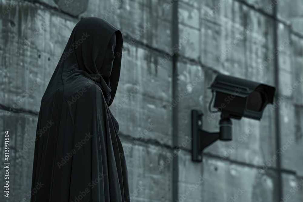 Naklejka premium Mysterious figure in black cloak standing by a wall, suitable for various dark-themed designs