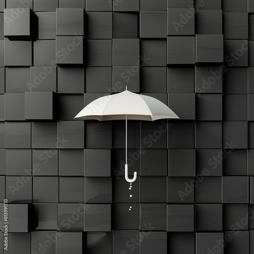 An open white umbrella on a background of black 3D cubes. Template for advertising, minimalism concept, geometric shape, style and flash design photo