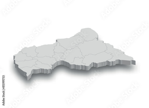 3d Central African Republic white map with regions isolated
