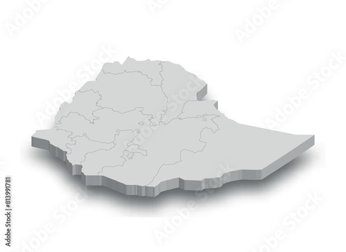 3d Ethiopia white map with regions isolated