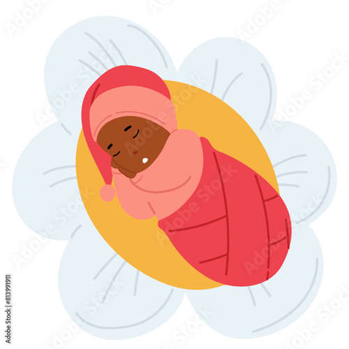Sweet Newborn Baby Sleeps Peacefully, Wrapped Snugly In A Rosy Blanket And Cap, Embodying Comfort, Serenity