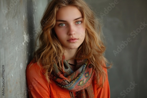 A beautiful young woman leaning against a wall. Perfect for lifestyle or fashion blogs