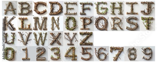 set of alphabet made from tree branches isolated on white photo