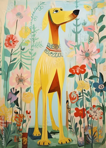 dog as a moomin a fairy tale, 1940s, by p j simson, in the style of colorful assemblages, characterful animal portraits, franÃ§ois boquet, the helsinki school, yellow and aquamarine, chic illustration photo