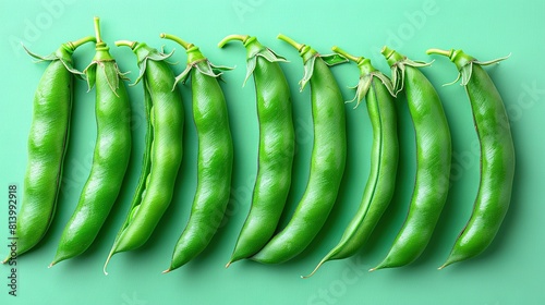  A cluster of green peas arranged on a blue background, with a central pea in the row