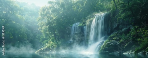 Peaceful serenity clipart with a tranquil waterfall and misty air