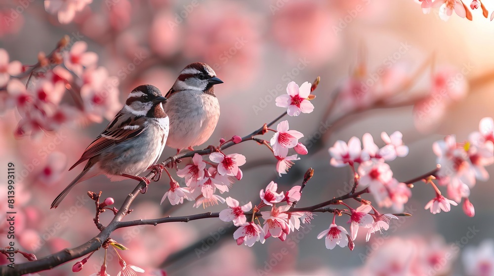 Fototapeta premium Peaceful spring clipart with blooming cherry blossoms and songbirds