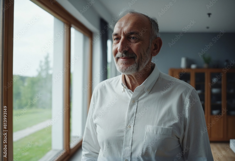 Obraz premium Happy Man in Modern Scandinavian Living Room. Joyful Eastern European Man Relaxes at Home. Casual Man Enjoys Modern Scandinavian Living Space