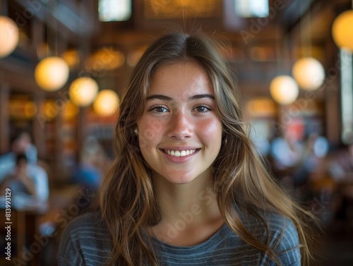 A young woman smiling with the library in soft focus behind her, scholarly, intellectual, graduation, campus © patinyats