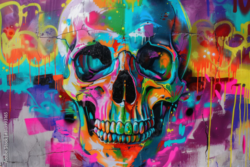 skull colorful graffiti art design bright background 