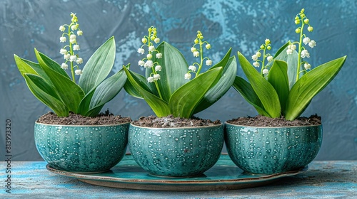   Three green planters filled with white flowers sit on a blue plate on a blue table  set against a blue wall