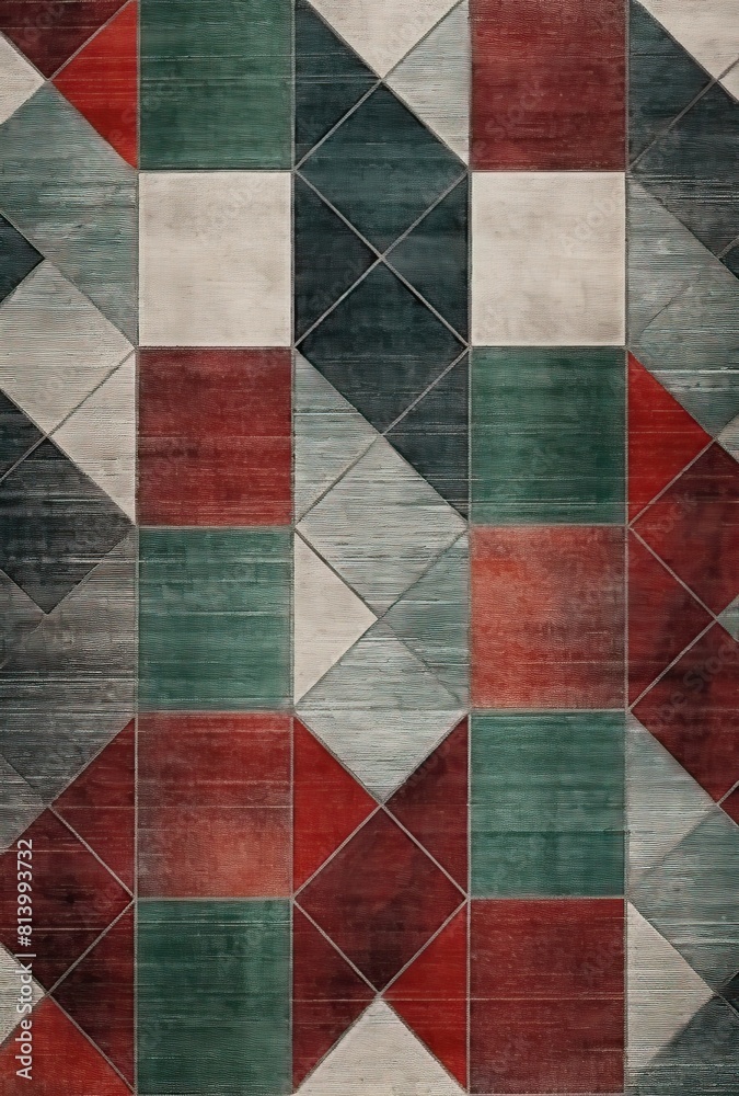 modern geometric wall edging pattern rug, in the style of glazed surfaces, rustic texture, light red and dark emerald, detailed crosshatching, metallic finishes, colorful woodcarvings, texture-rich modern geometric wall edging pattern rug, in the style of glazed surfaces, rustic texture, light red and dark emerald, detailed crosshatching, metallic finishes, colorful woodcarvings, texture-rich