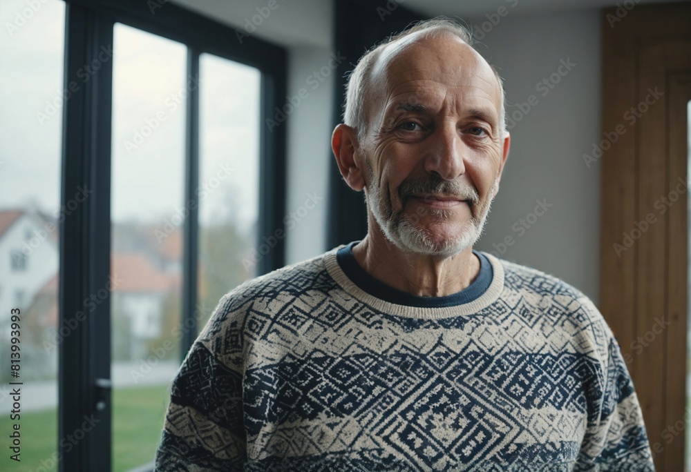 Happy Man in Modern Scandinavian Living Room. Joyful Eastern European Man Relaxes at Home. Casual Man Enjoys Modern Scandinavian Living Space