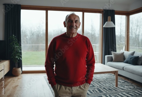 Happy Man in Modern Scandinavian Living Room. Joyful Eastern European Man Relaxes at Home. Casual Man Enjoys Modern Scandinavian Living Space