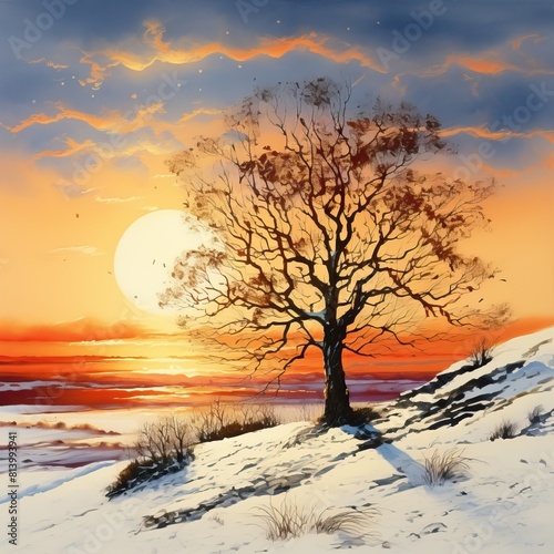 Lonley tree on top of a hill in a snowy landscape, lithography, sunset