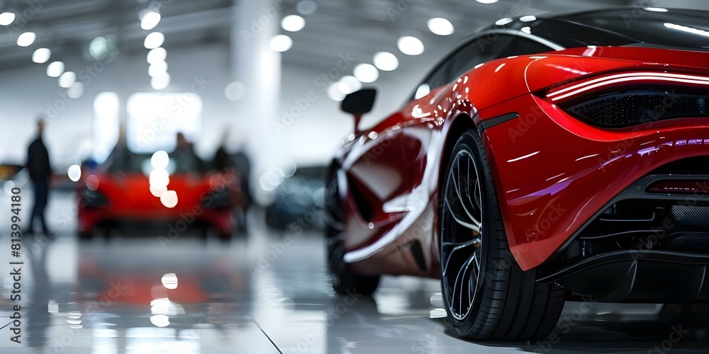 Red luxury car displayed in dealership with potential buyers in background. Concept Car dealership, Luxury vehicles, Red car, Potential buyers, Dealership showroom Red luxury car displayed in dealership with potential buyers in background. Concept Car dealership, Luxury vehicles, Red car, Potential buyers, Dealership showroom