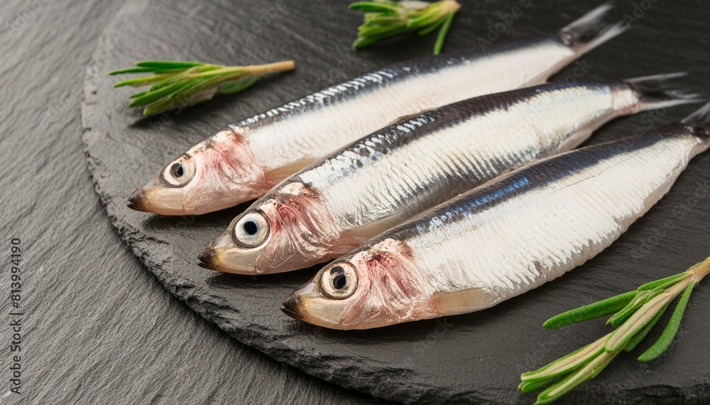 several raw anchovies on dark slate several raw anchovies on dark slate