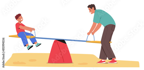 Father And His Young Son Family Characters Having Fun On Seesaw In A Playground. Joyful Play, Vector Illustration