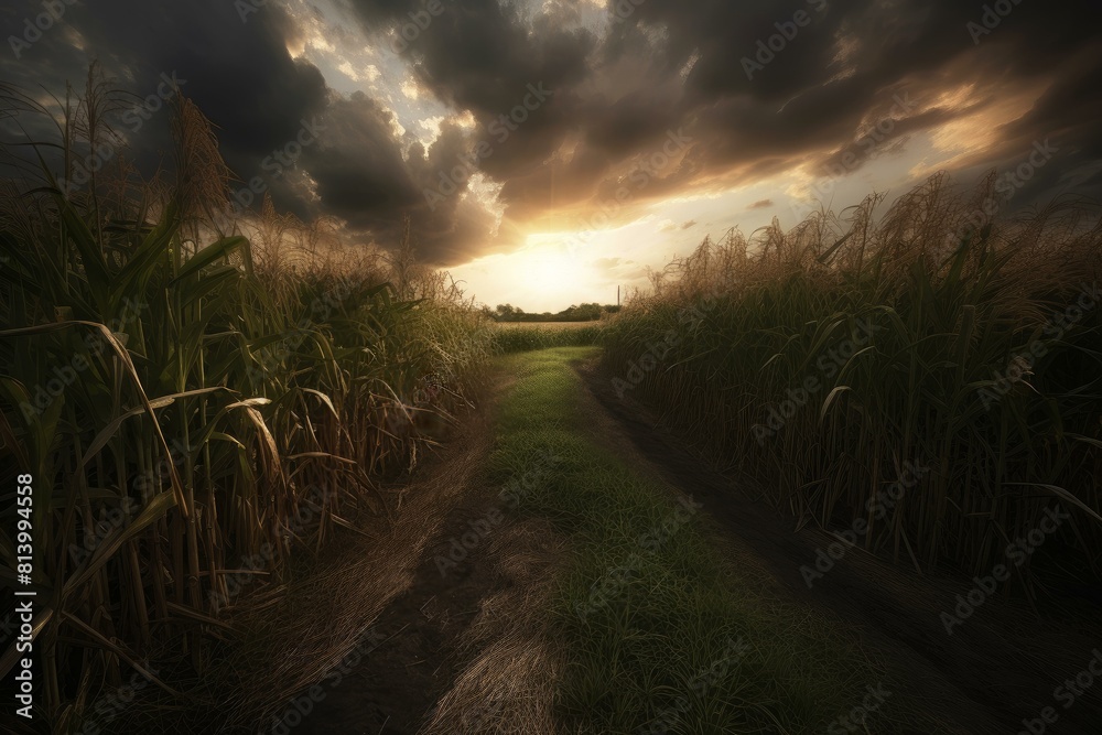 Expansive Sugar cane field dramatic. Culture farmer. Generate Ai Expansive Sugar cane field dramatic. Culture farmer. Generate Ai
