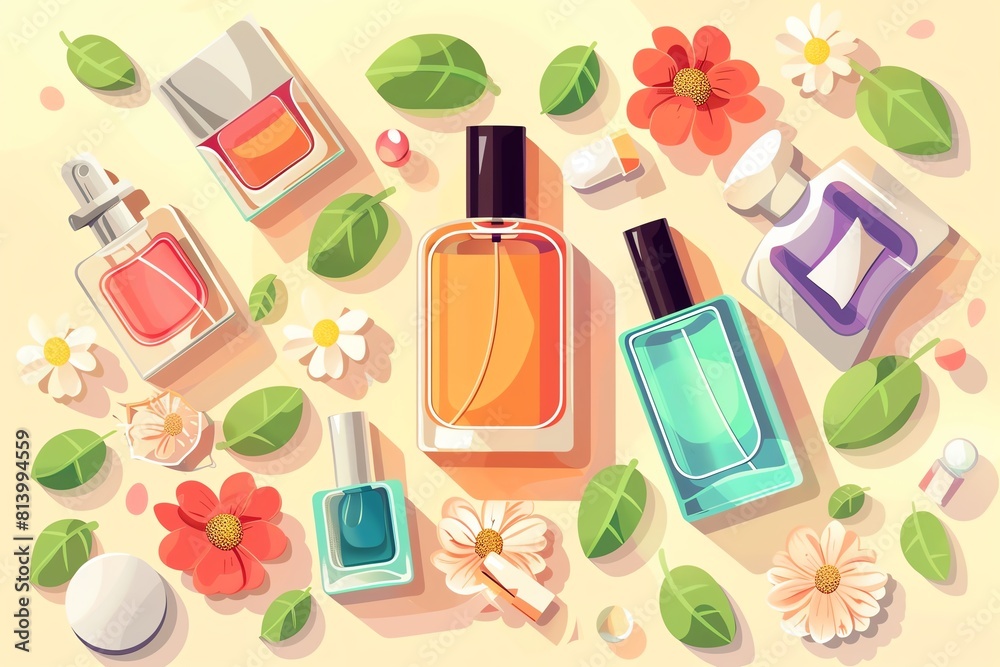 Fragrance flat design top view perfume industry theme cartoon drawing Monochromatic Color Scheme