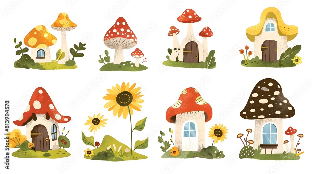 Whimsical Mushroom Houses and Fairy Tale Landscape in Colorful Cartoon Whimsical Mushroom Houses and Fairy Tale Landscape in Colorful Cartoon