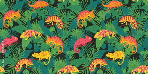 Seamless pattern with colorful small spotted chameleon on branch with tropical leaves exotic lizard nature vector design