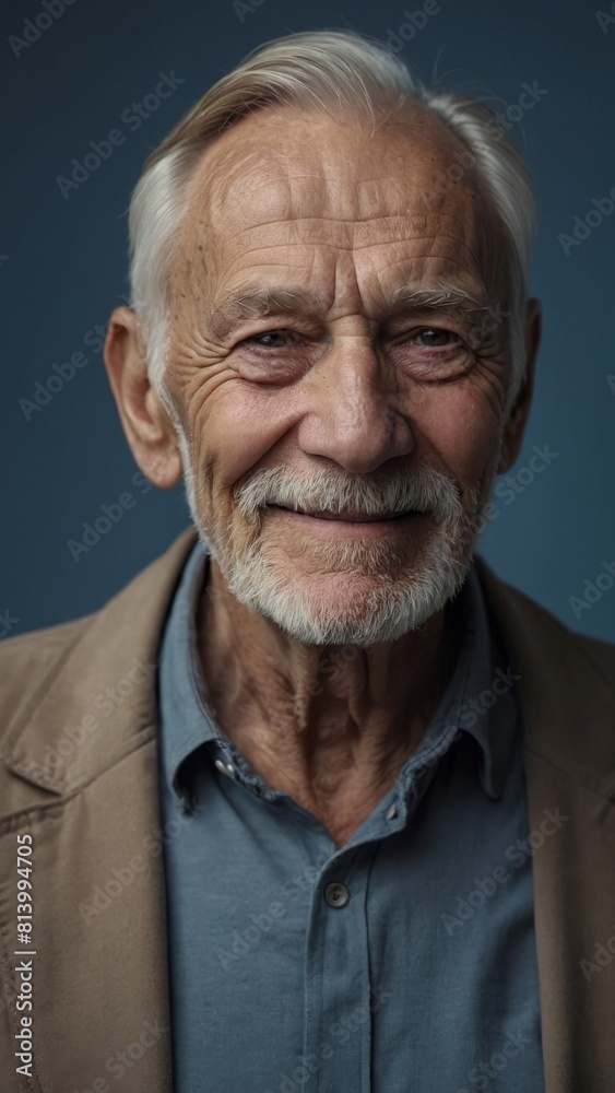 The gray-haired elderly man smiles happily. Indigo background. The gray-haired elderly man smiles happily. Indigo background.