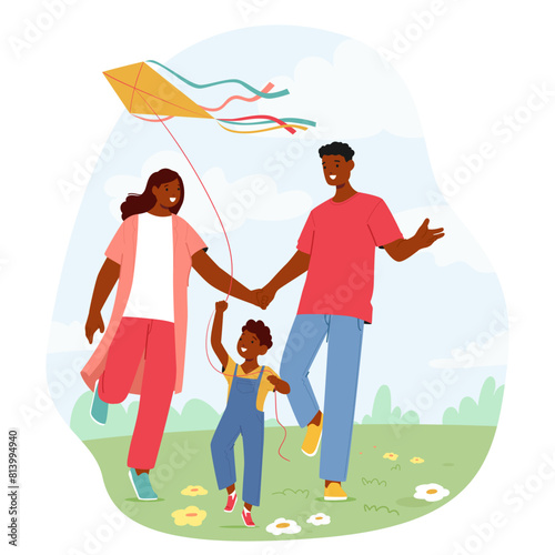 Black Family Characters With A Child Walks Together Across A Grassy Field With A Large Rainbow Kite Soaring Overhead