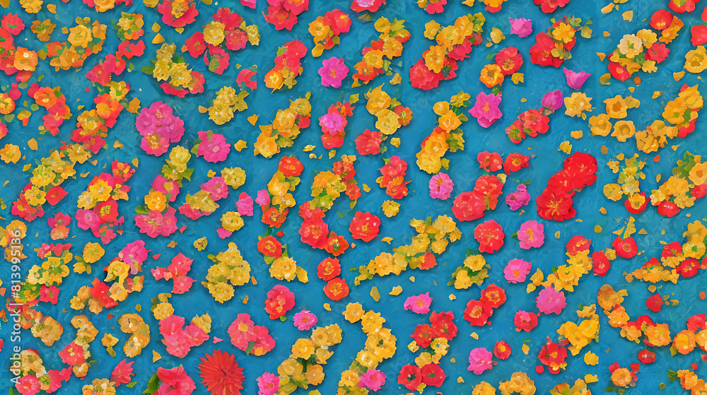 Variety colorful botanic patterns on blue background. painting style,