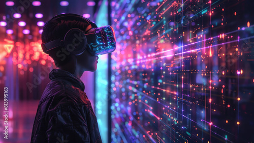 Detailed and Futuristic Digital Worlds Virtual Reality Environment Interacting with Dynamic Digital Data Streams