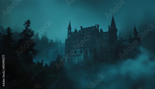 Immerse viewers in a tilt with a dramatic angle of a haunted castle engulfed in an eerie fog