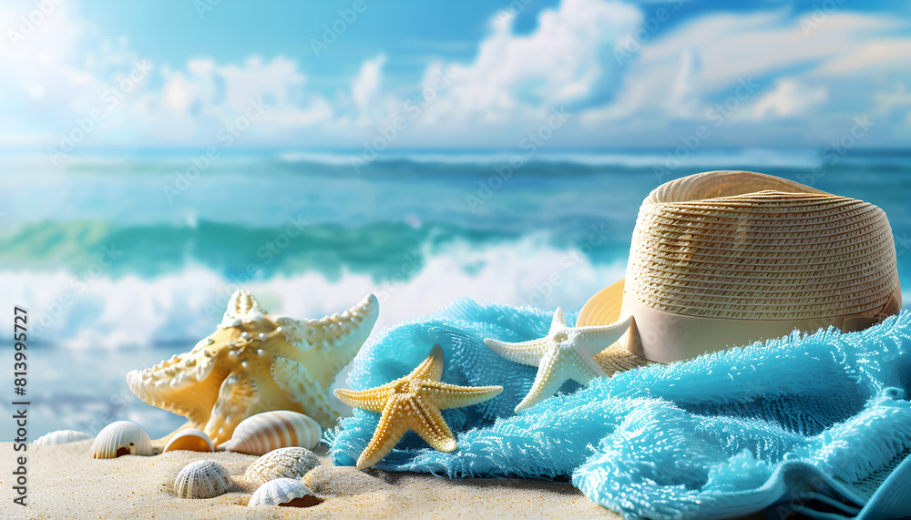 Blue towel with summer hat starfish and shells. Copy space