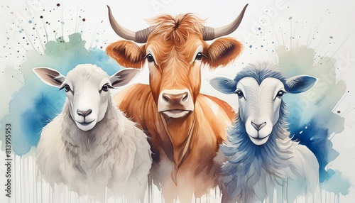a watercolor illustration of cow,goat and sheep