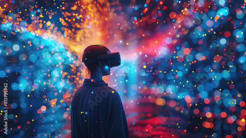 Exploring Futuristic Digital Worlds with VR Technology VR Headset Experience in a Digital Data Environment User Immersed in Advanced Virtual Reality World Futuristic Environment with Digital Display