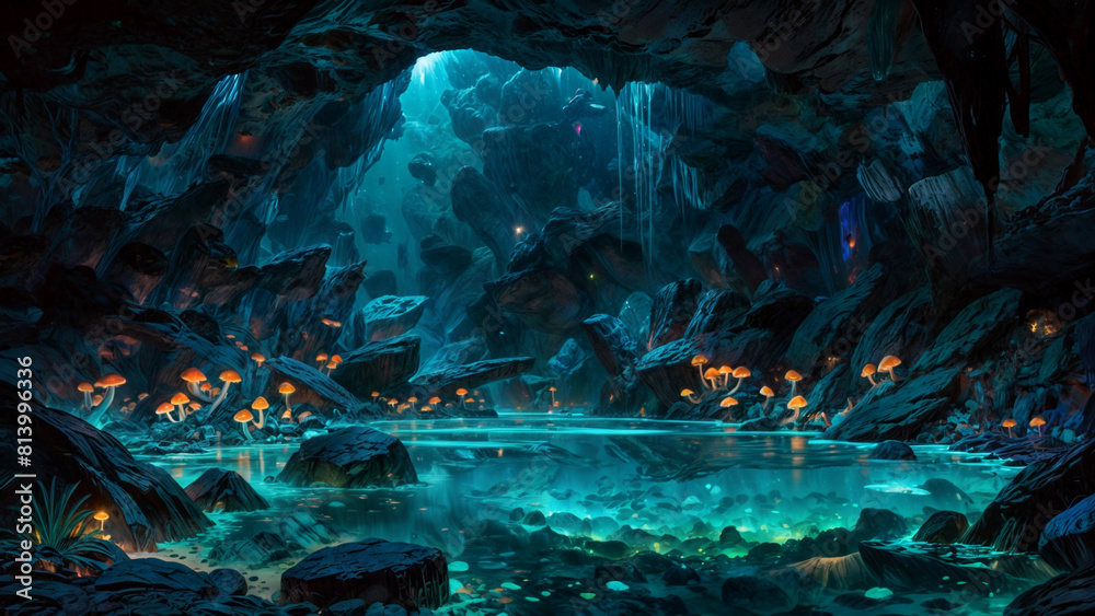 A cave with a pool of water, surrounded by rocks and mushrooms. The water is green and the mushrooms are glowing orange. The cave is dark, but light is shining through a hole in the ceiling.