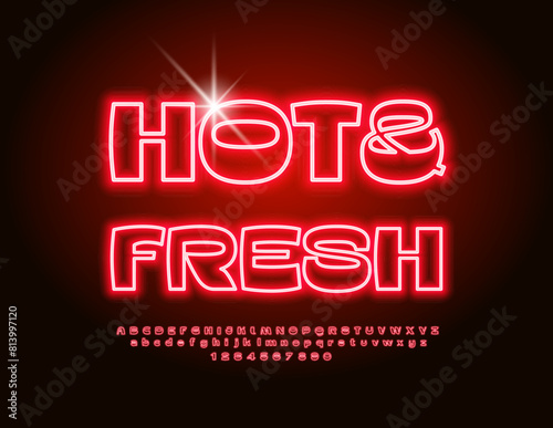 Vector Neon Advertisement Hot and Fresh for Market, Store and Cafe. Glowing Red Font. Electric Alphabet Letters and Numbers set.