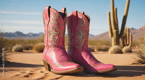 Close up of pink leather cowboy boots on desert sand with cacti in the background. Cowgirl, stylish female footwear