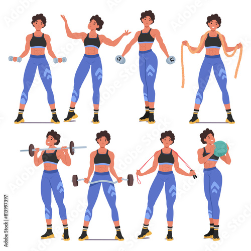 Female Bodybuilder In Various Fitness Poses. Cartoon Vector Illustration Set Showcase Her With Weights, Jump Rope