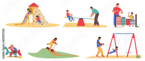 Set Of Scenes Depicting Fathers And Their Children Engaging In Fun Activities At Playground, Vector Illustration
